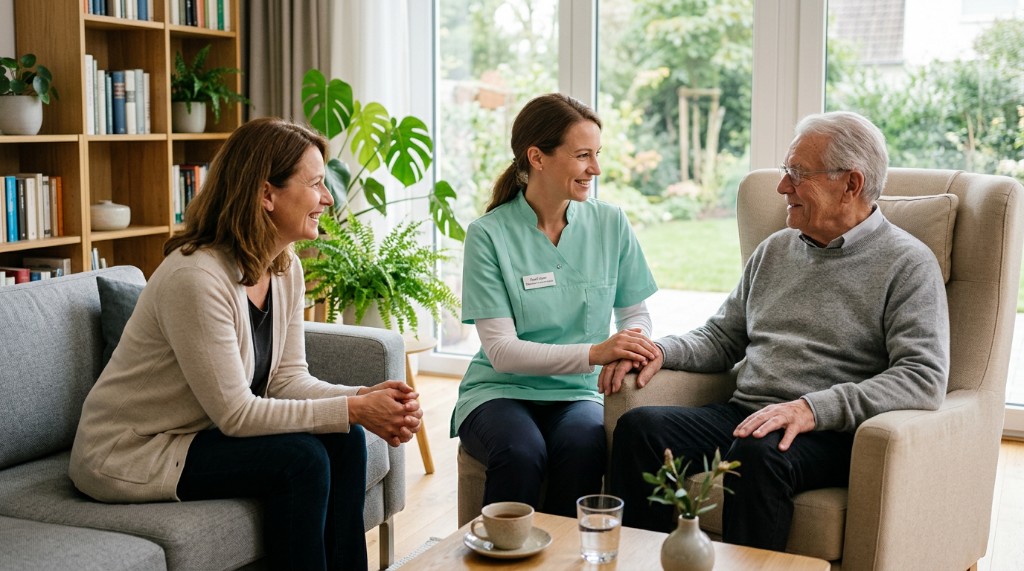 Pflegekraft mit Patient und Angehöriger