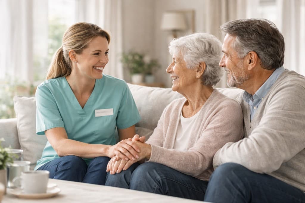 Pflegekraft mit älterer Dame und Angehörigem