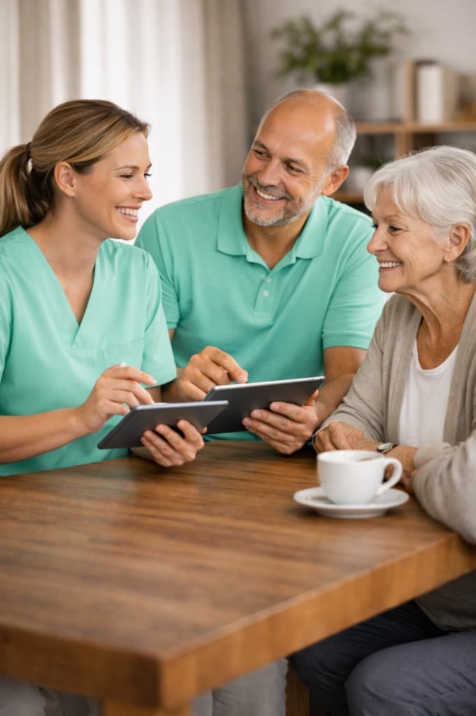 Pflegekraft berät ältere Dame und Angehörigen persönlich am Tisch