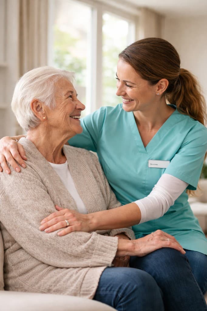 Pflegekraft im einfühlsamen Gespräch mit einem Patienten