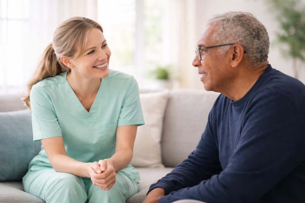 Zwei Pflegekräfte im einfühlsamen Gespräch mit einem Patienten