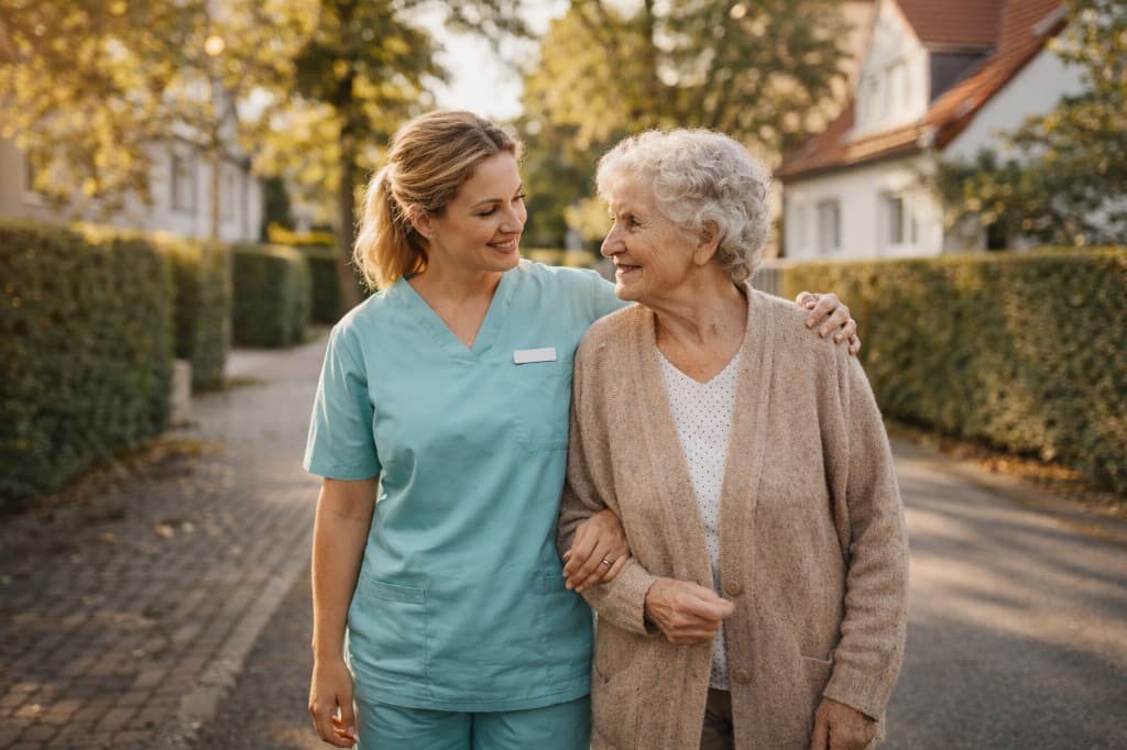 Pflegekraft begleitet ältere Dame spazieren in Unna