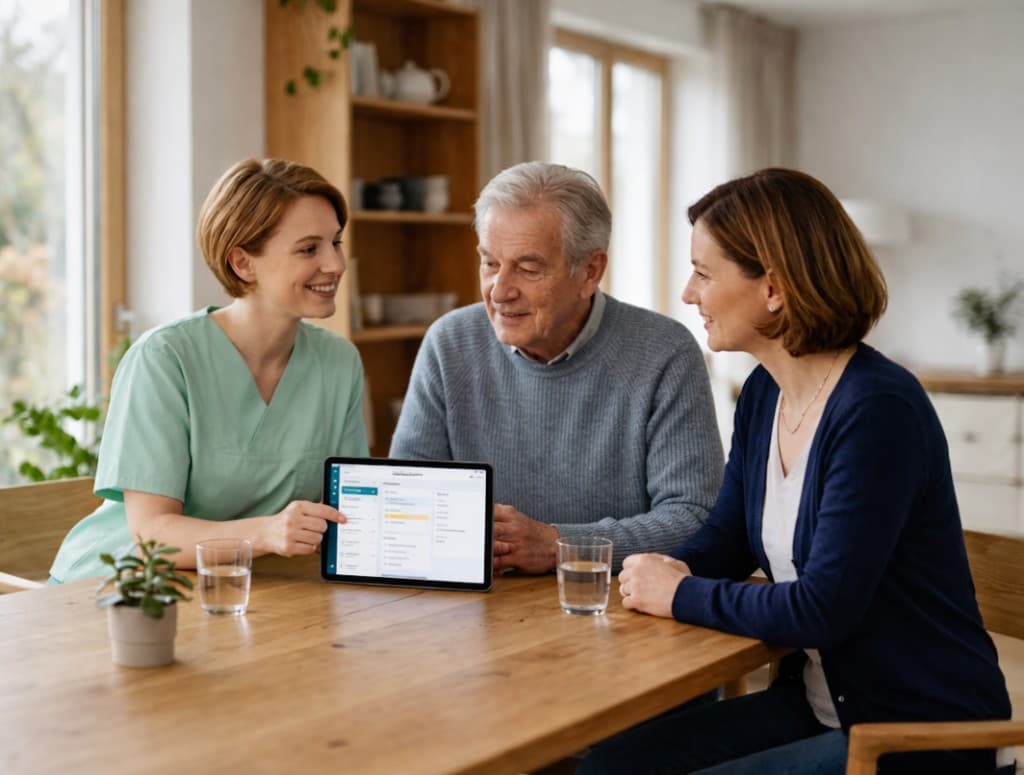 Pflegerin bespricht Pflegeplan mit älterem Herrn und Angehöriger am Tisch