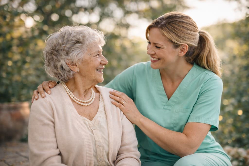 Pflegerin und ältere Dame im vertrauensvollen Gespräch