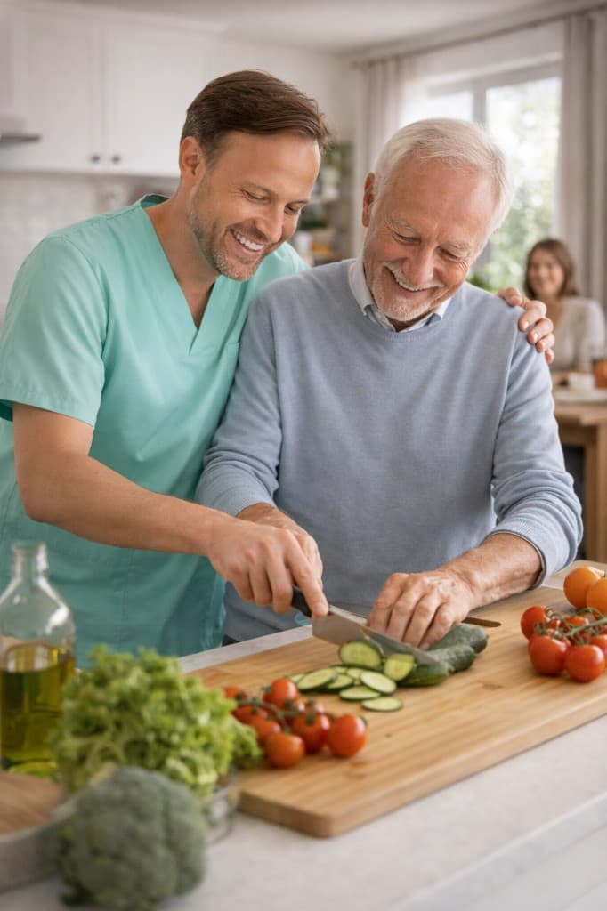 Pflegekraft hilft älterem Herrn beim Kochen im eigenen Zuhause